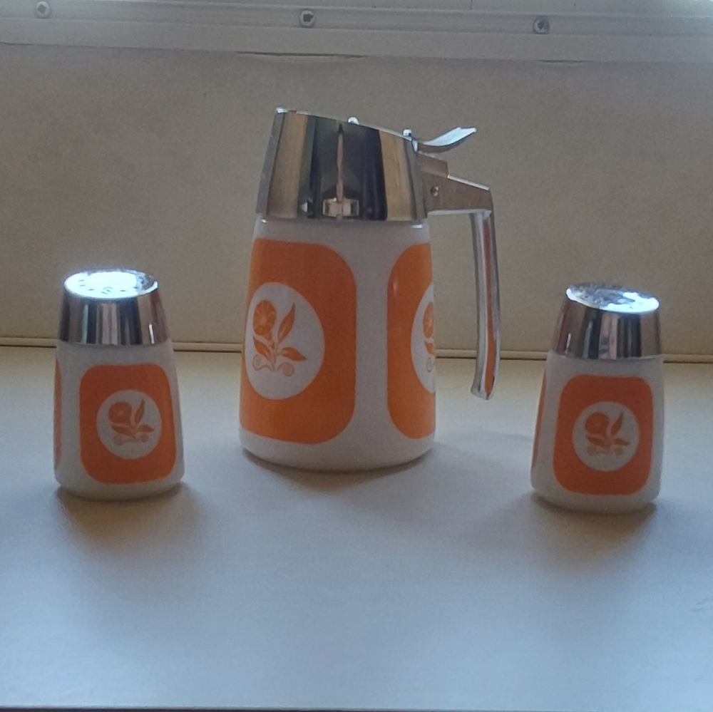 Vintage Dripcut Syrup Dispenser & Salt/Pepper Shaker Morning Glory Orange